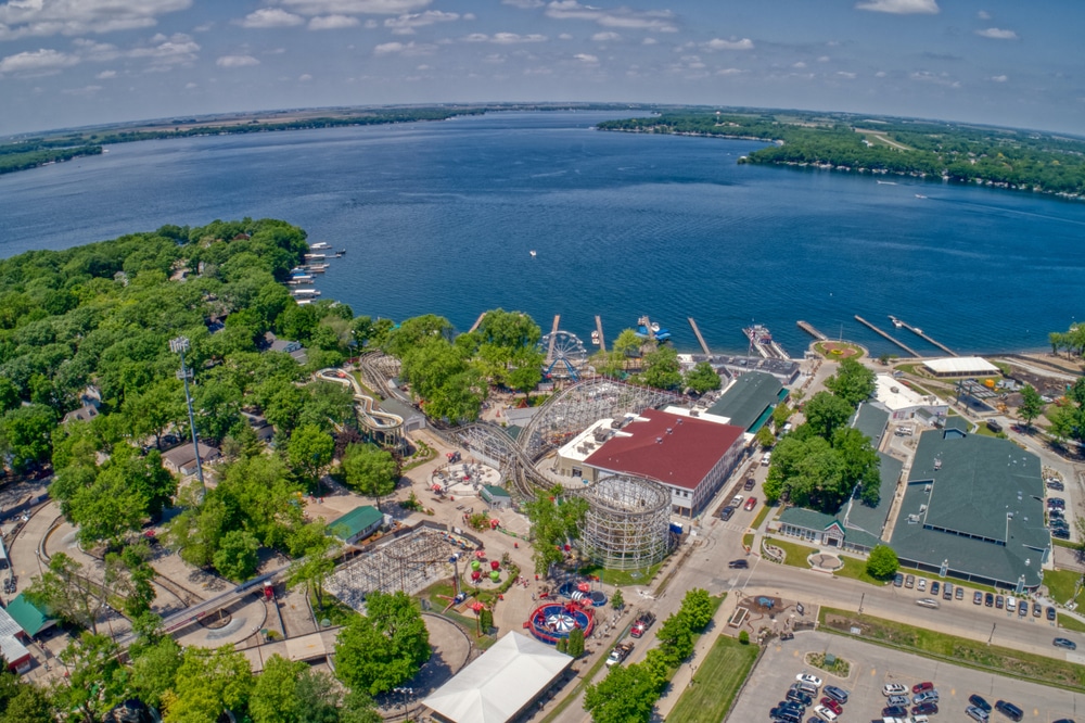 The best things to do in Okoboji near our Hotel in Okoboji, IA, aerial photo of Arnolds amusement park