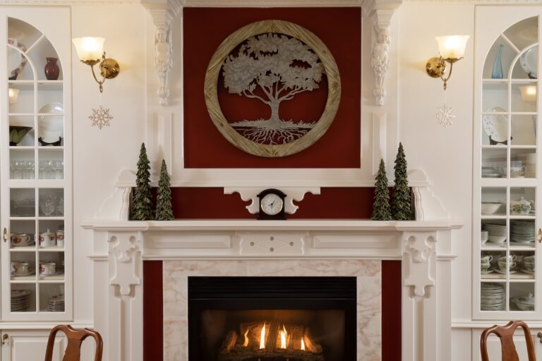 one of the best Okoboji Hotels for romantic couple's getaways, the cozy fireplace at the Oakwood Inn pictured here